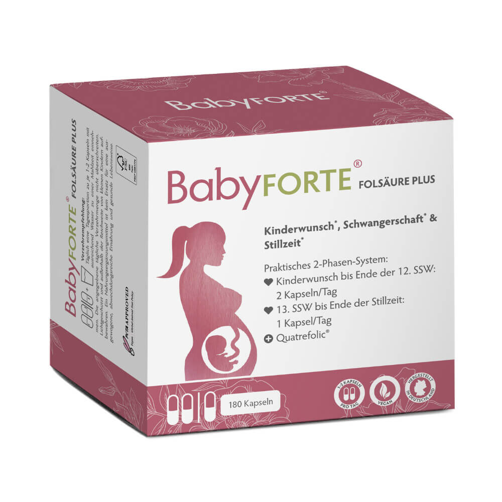BabyFORTE FolsäurePlus, 180 Kapseln, Vorderseite Verpackung